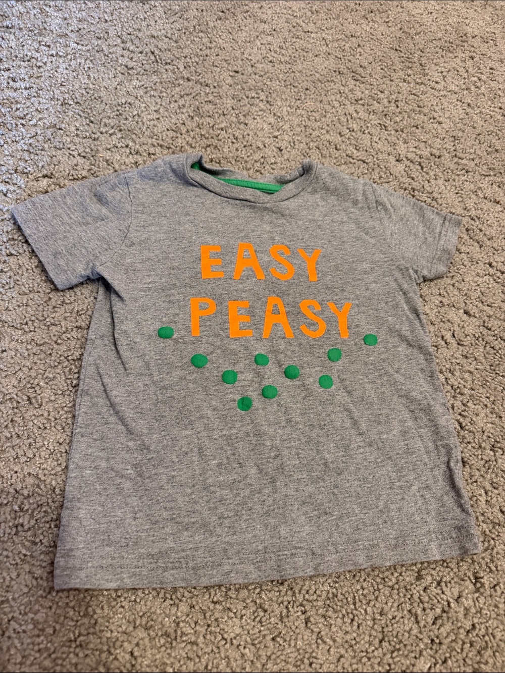 Mini Boden Gray Tee with Orange 'EASY PEASY' and Green Dots